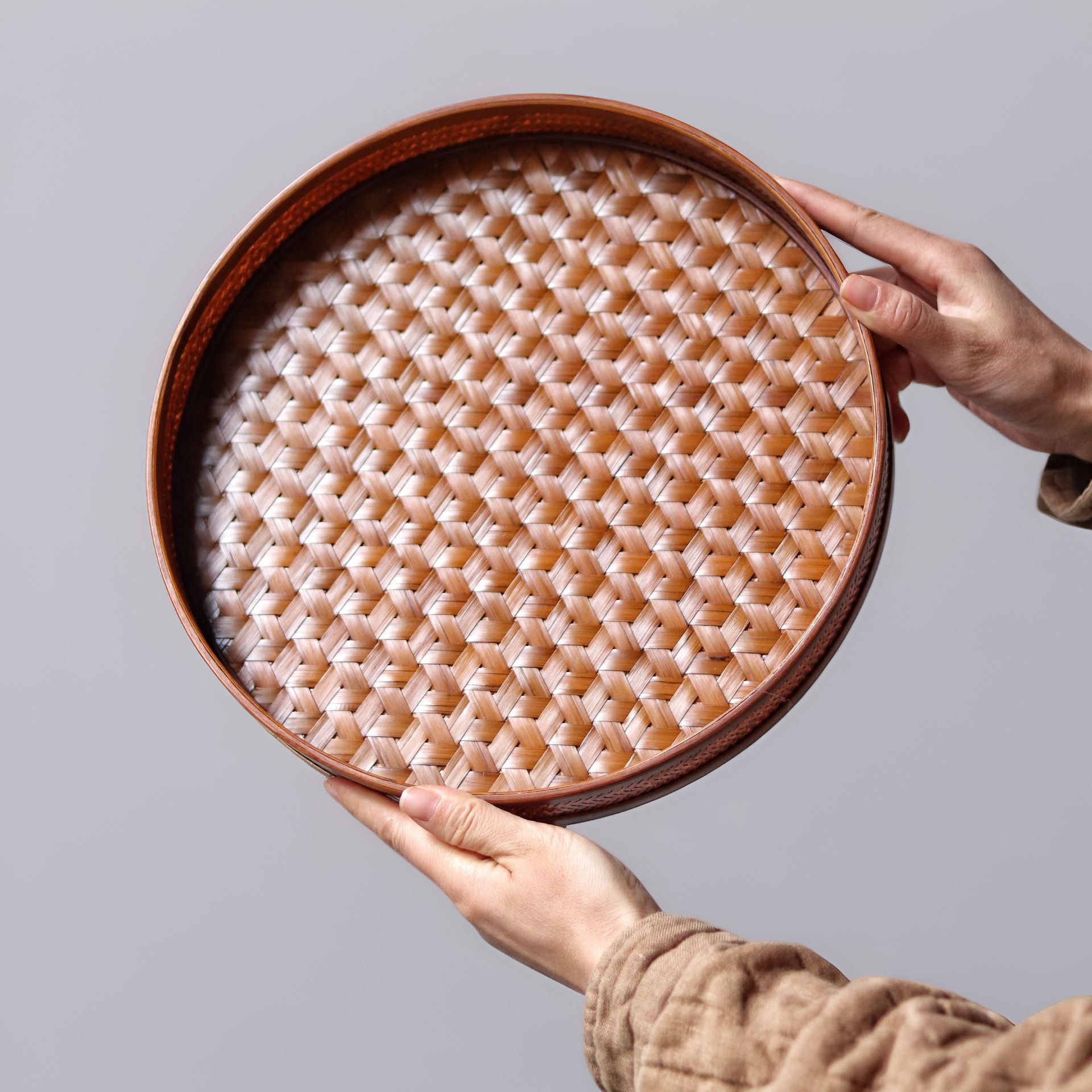 Large Lacquered Bamboo Weaving Round Tray Storage Baske